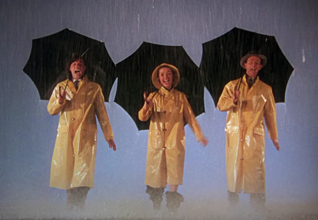 Escena de cantando bajo la lluvia